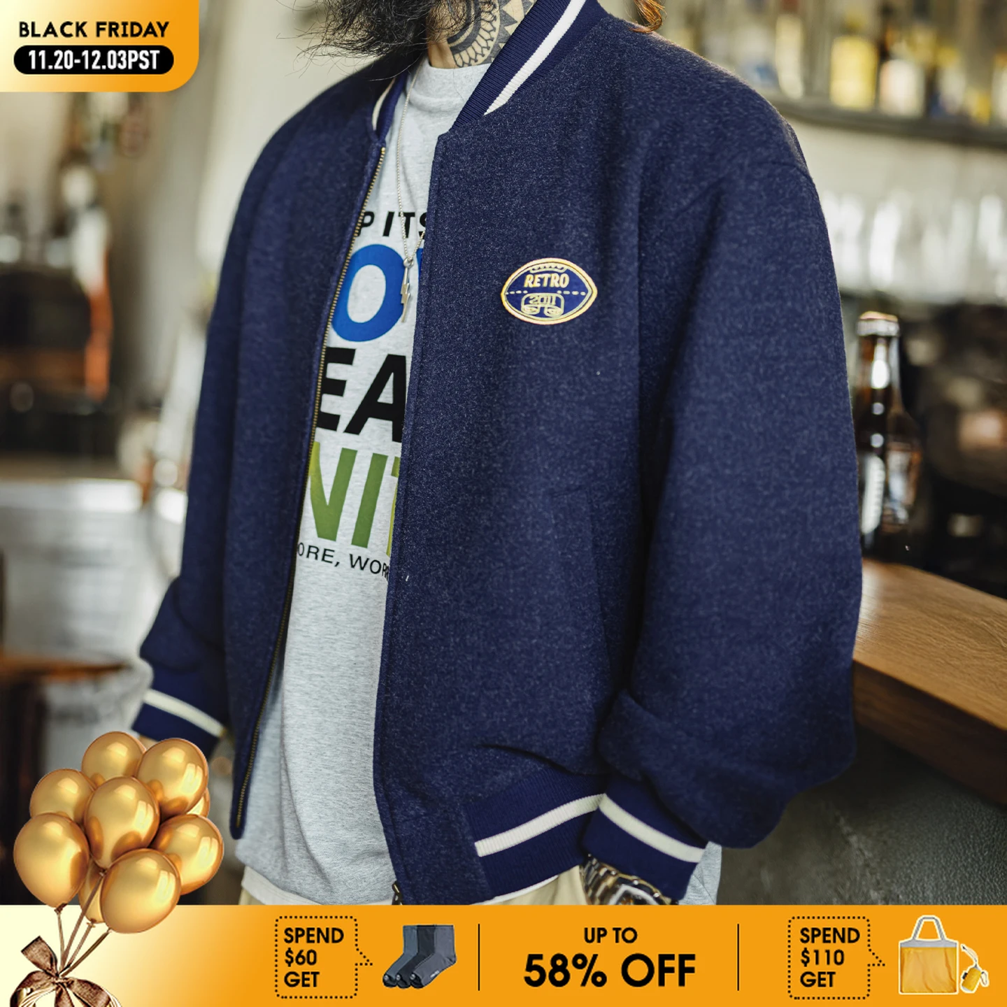 

Мужская винтажная синяя бейсбольная куртка Maden, университетское пальто с контрастной вышивкой, короткая верхняя одежда на молнии для осенне-зимней уличной одежды