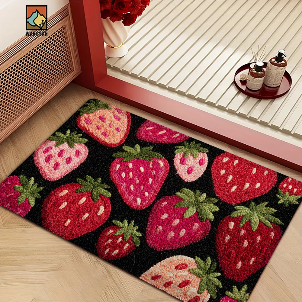 VIKAMA Cute Strawberry Floor Mat, Soft Fur Absorbent Bathroom Mat, Anti-slip Entrance Rug, Home Decoration
