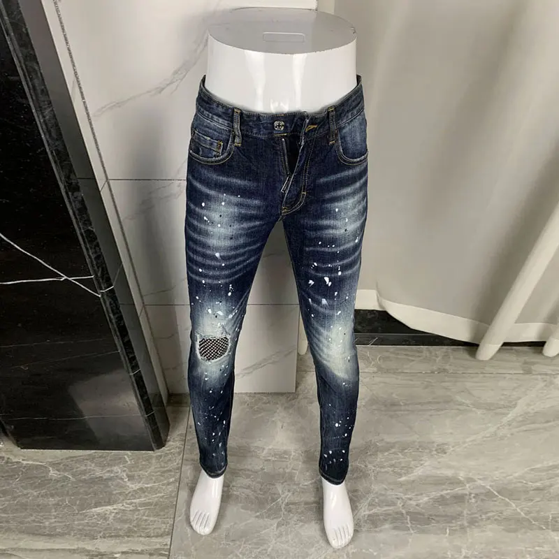 Fashionable new blue men's jeans stretch slim fit retro washed blue bead jeans high street hip-hop brand pants hombre