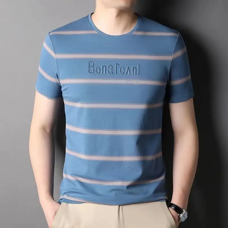 Summer Men Short Sleeve Cotton Striped T-shirt Streetwear Fashion New Male Clothes Round Neck Quick Dry Daily Casual Loose Tops