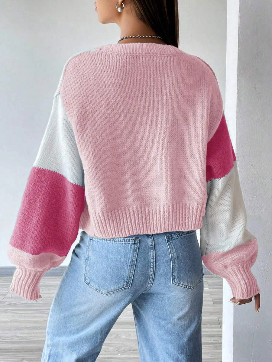 Color Block Open Front Knit Cardigan Casual Lantern Sleeve Crop Sweater Women\'s Clothing