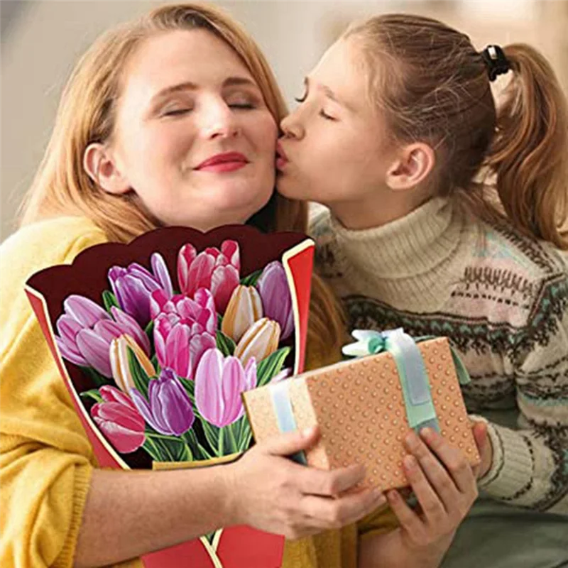 AT29-3D -Up بطاقات تهنئة باقة الزهور الورقية، بطاقات هدايا لعيد الأم وعيد الفصح للنساء