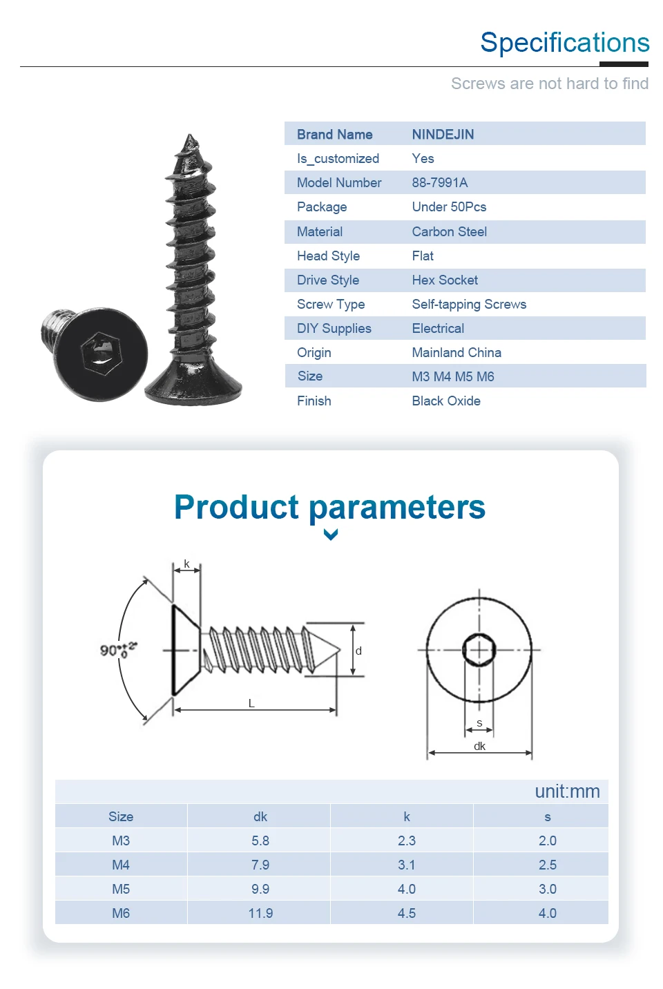 10-50pcs Hex Socket Flat Head Self Tapping Screw M2 M3 M4 M5 M6 8.8 Grade Carbon Steel Countersunk Allen Head Wood Tapping Screw