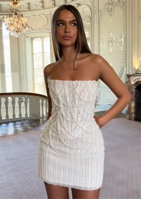 Customized Pearls Beading Prom Dress Sleeveless Mini Skirt Crystals Formal Evening Dress Strapless Vestidos De Fiesta Elegantes 6 Customized Pearls Beading Prom Dress Sleeveless Mini Skirt Crystals Formal Evening Dress Strapless Vestidos De Fiesta Elegantes 6