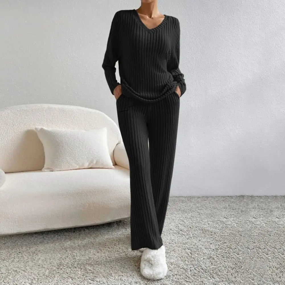 

Ribbed Knit Pajama Set Fall Pajama Set Cozy Knitted Sweater Pants Set with V Neck Pockets for Fall Winter Homewear