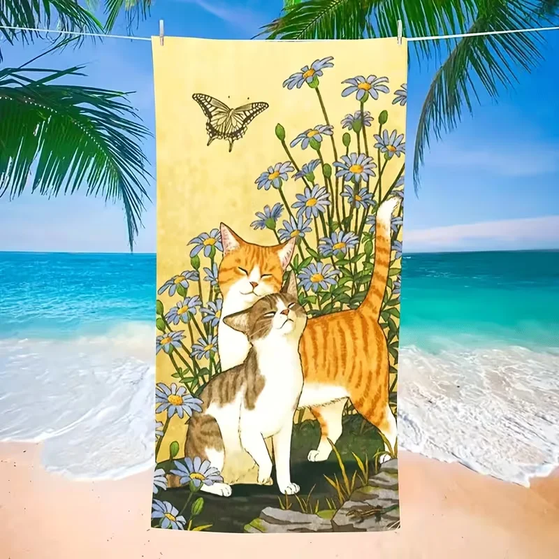 Cute Black Cat Surrounded Vibrant Flowers Beach Towel Sand Resistant Towel Lovely Pet Print Cat Lover Gift Beach Pool view 4