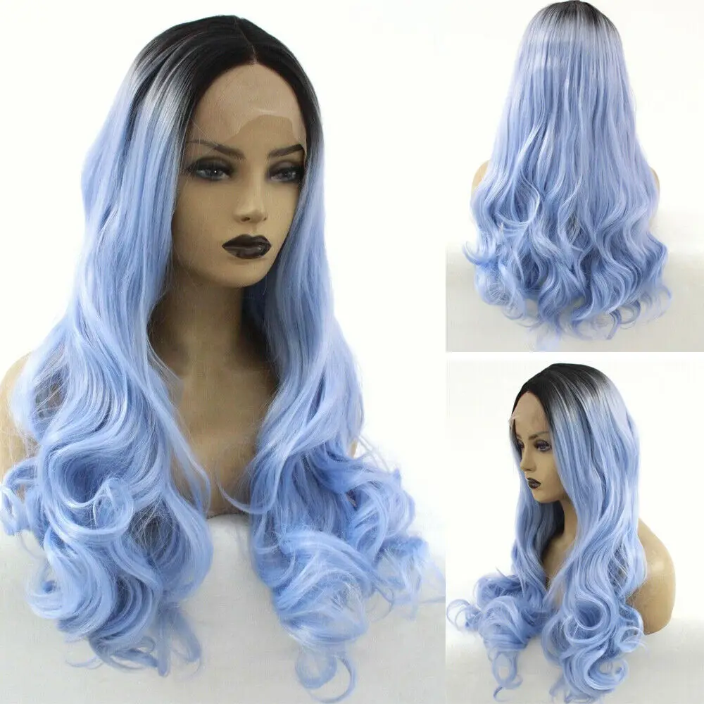 

Women 24 In Lace Front Wigs Party Long Wavy Ombre Ash Blue Hair Synthetic