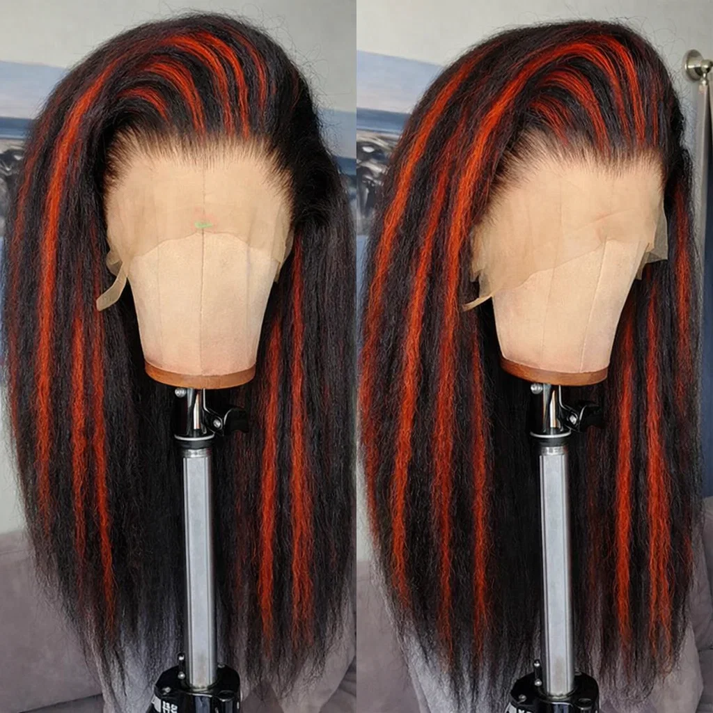 

1B/99J Kinky Straight Highlight 13x4 Lace Front Wigs Human Hair Wig Color Red With Black 5x5 Lace Closure Glueless Wig For Women