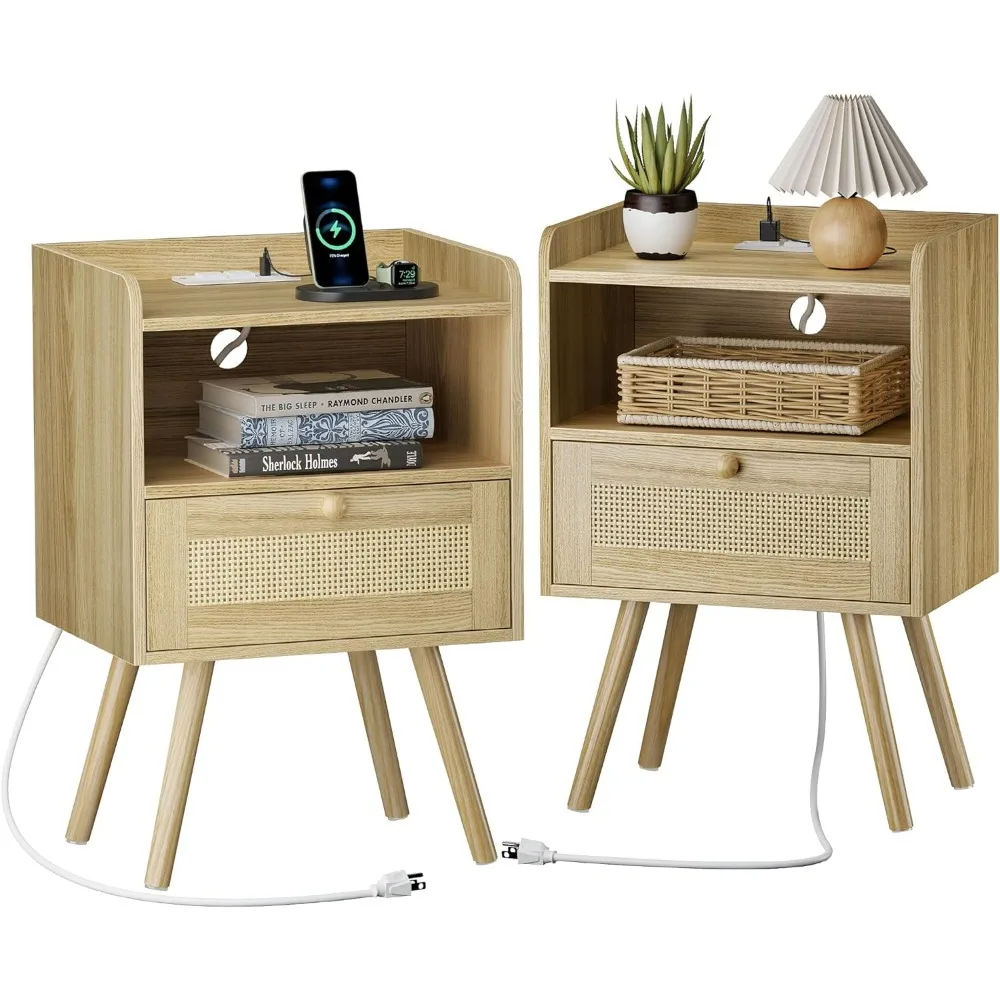 Nightstands Set of 2,Night stands with Charging Station & PE Rattan Decor Drawer,Bed Side Tables with Solid Wood Feet, End Table