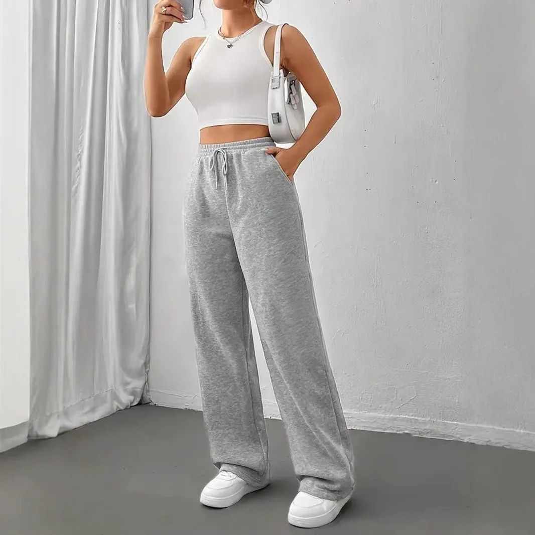 Pantalon de survêtement de sport taille haute pour femme, ample et épais, décontracté, avec cordon de serrage, taille élastique, Jogging, automne et hiver