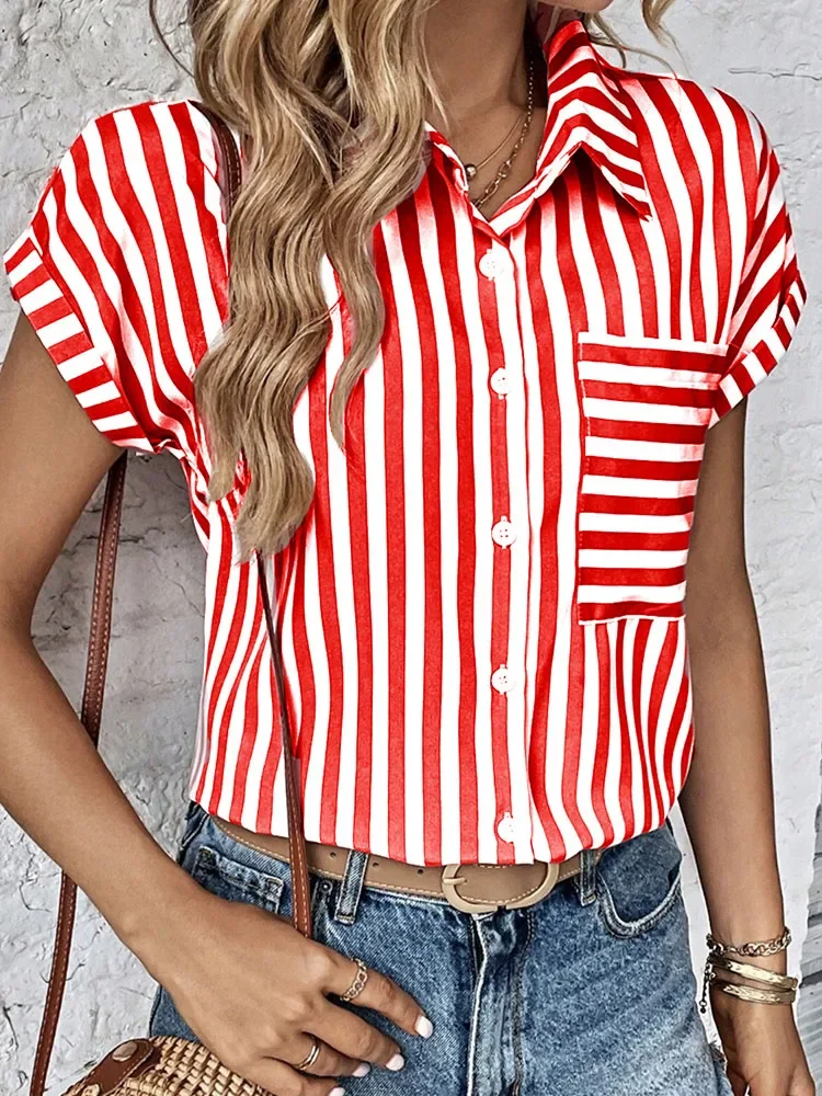 Casual Loose Red Striped Shirts For Pockets Women's Shirts And Blouses Fashion Women Office Elegant Casual Tops Female Clothing