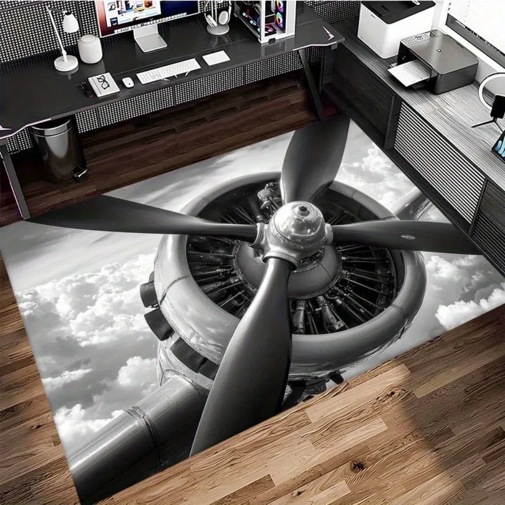 Aviation Inspired Jet Engine Propeller Floor Mat, Non-Slip Rectangular Large Area Rug, Decorative Carpet for Living Room Bath