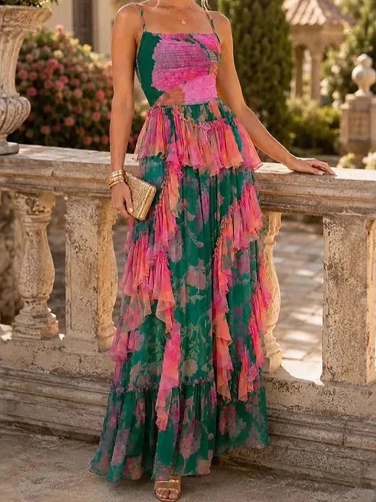 2026 Floral Print High Waisted Sling Summer Dress Sexy Off Shoulder Cut Out Maxi Dress Ladies Vacation Loose Beach Party Dresses