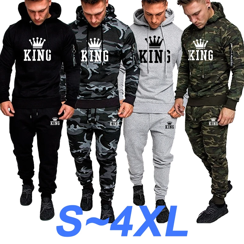 Pulôver Camo sem bolso masculino com capuz e calças compridas, roupa esportiva casual, roupa de jogging, 2 conjuntos