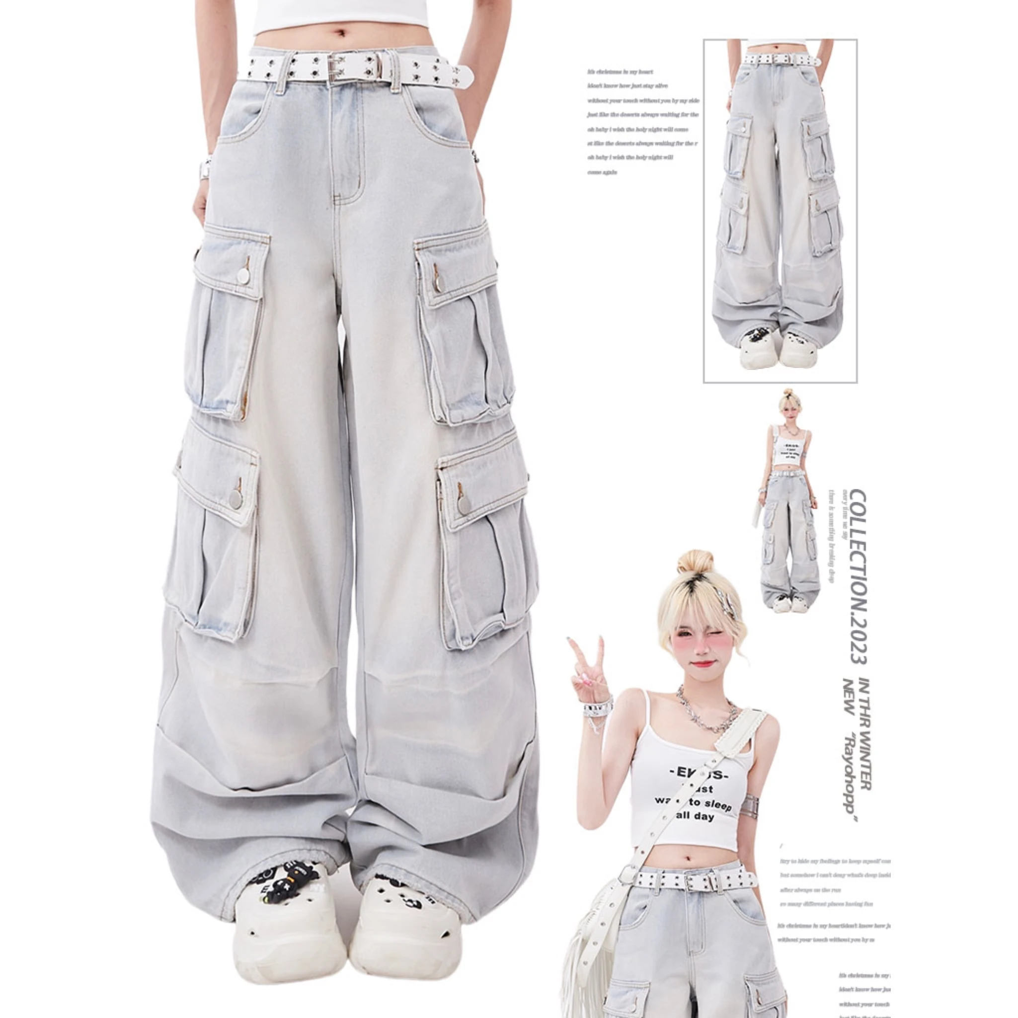 Dophee neue Herbst Frauen Jeans hose Vintage amerikanischen Stil gewaschen gerade Jeans Multi Taschen Dopamin Casual Overalls