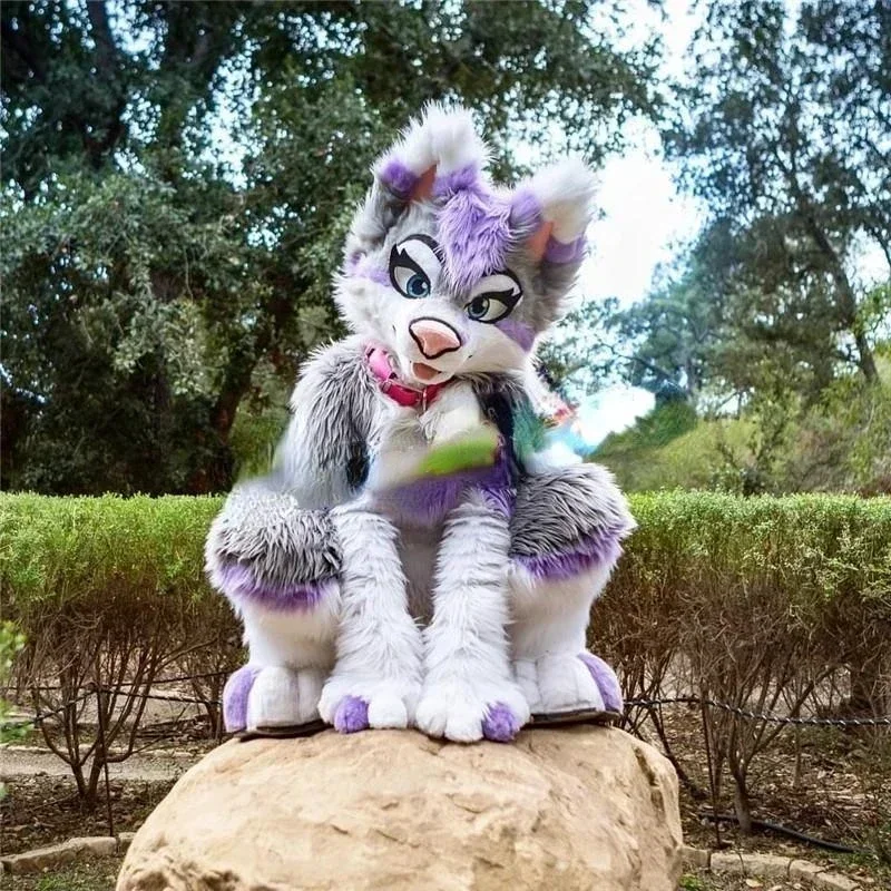 2024 Purple Grey Long Fur Furry Fox Wolf Husky Dog Mascot Costume Fursuit Adult Cartoon Annual Celebration Amusement Park MN8