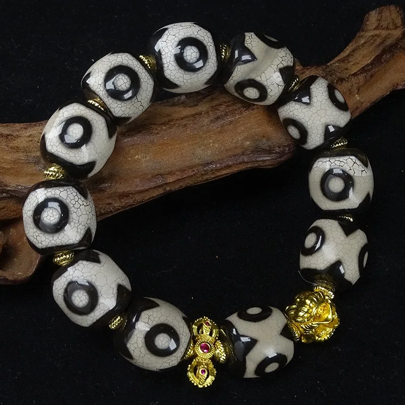 Tibetan Agate Tiger Tooth Three-Eyed Bracelet Necklace Loose Beads 14*14mm Approx. Dzi Bead Collection