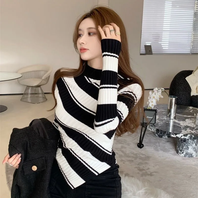 Lucyever Black White Striped Knitted Sweaters Female Fashion Irregular Long Sleeve Jumpers Women Korean Slim Fit Knit Pullovers