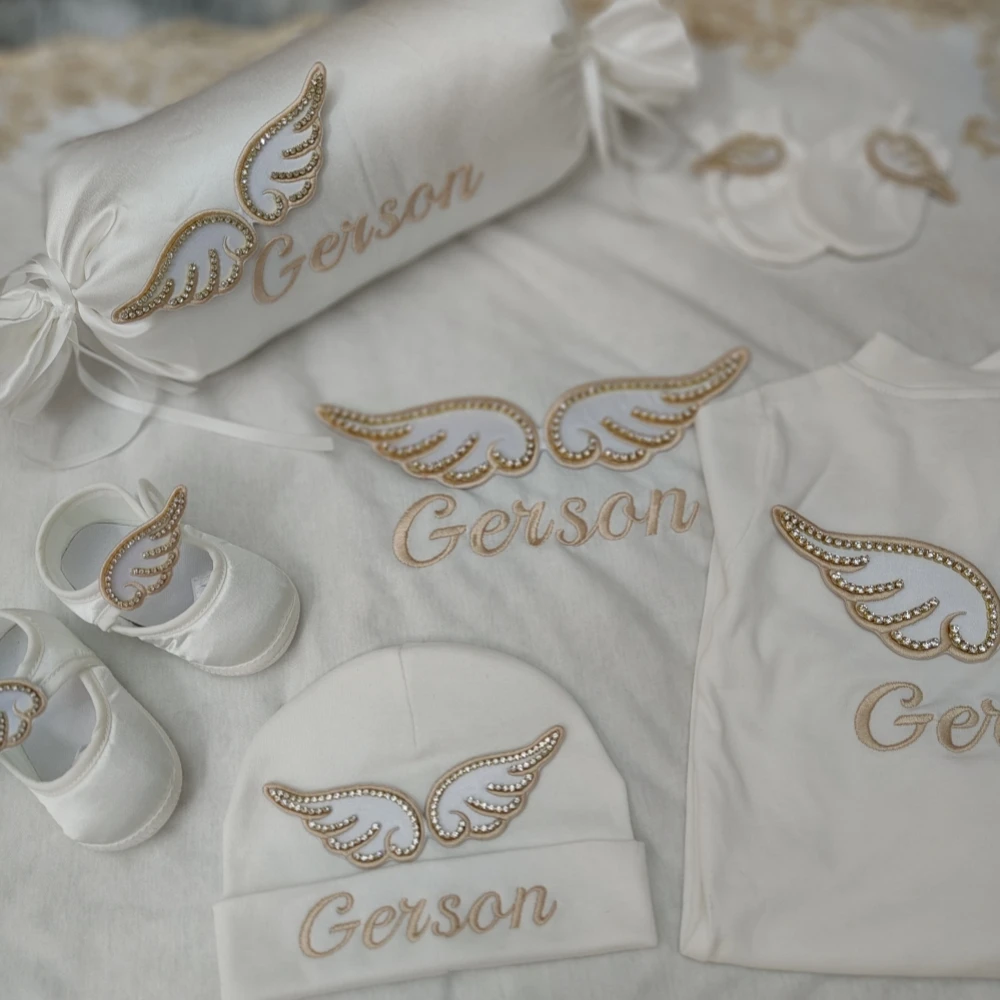 6pcs Newborn Candy Pillow Nursery Decoration Newborn Baby Girl Solid Romper Clothes Crystal Angle Wings Blanket Onesies Bodysuit