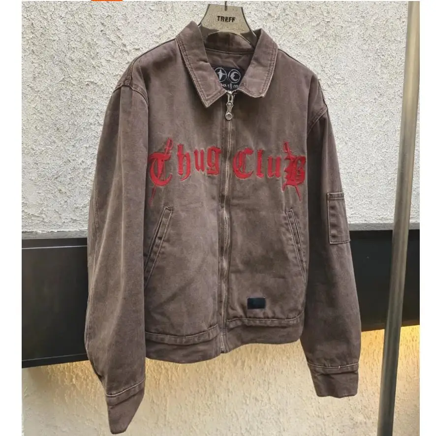 

Новые мужские джинсовые пальто с длинным рукавом Thug Club, модные бейсбольные пальто и куртки для пар, абстрактное пальто, утепленное мотоциклетное пальто # E85