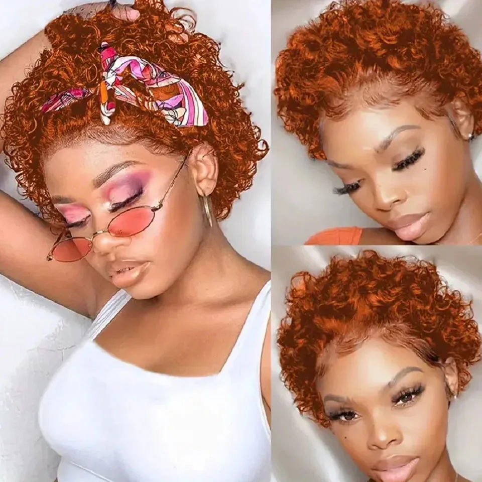

#350 Ginger Color Short Pixie Cut Wig Human Hair Deep Curly Bob Wig 100% Human Hair Wig 13x1 Lace Front Wigs Pre Plucked For Wom