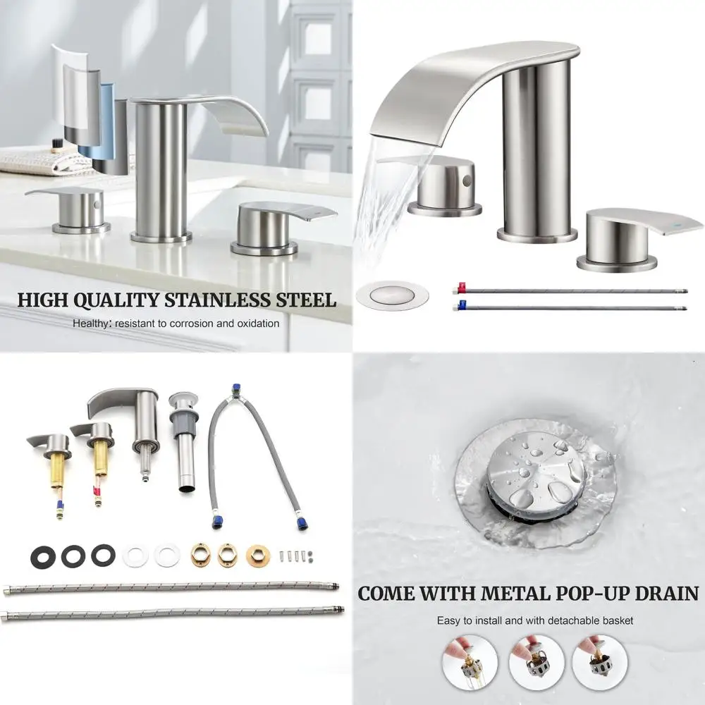 

8 матовых никелевых широко распространенных смесителей для ванной комнаты с 2 ручками, изливным водопадом, металлическим выдвижным сливом и 2 шлангами для раковины с 3 отверстиями