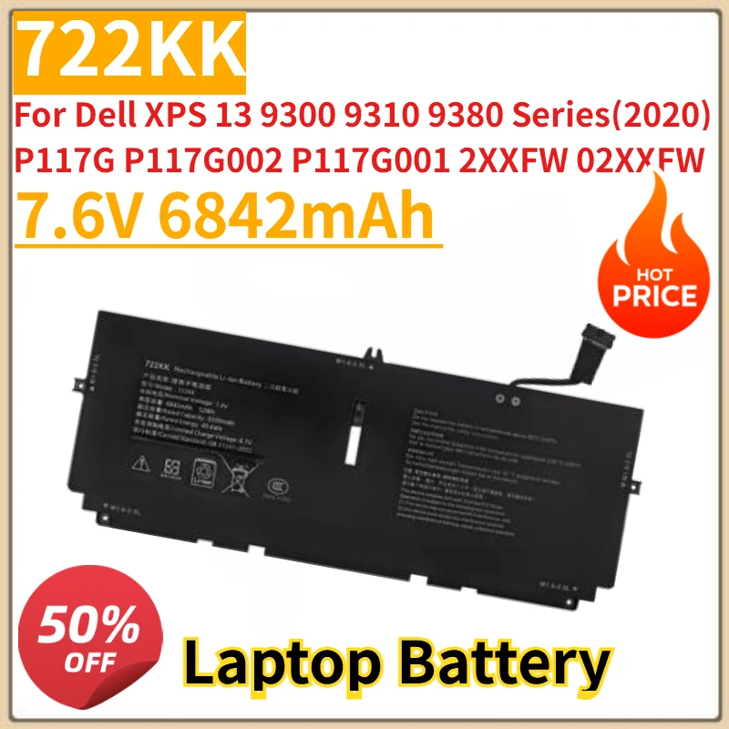 

New 722KK Laptop Battery 7.6V 6842mAh For Dell XPS 13 9300 9310 9380 Series(2020) P117G P117G002 P117G001 2XXFW 02XXFW