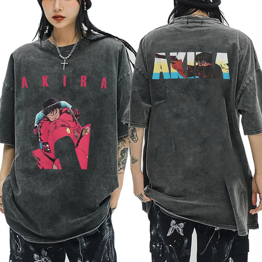 Japanese Anime Akira Washed Vintage T Shirt Science Fiction Cartoon Movie Shotaro Kaneda T-shirt Men Women Cotton Casual T-shirt