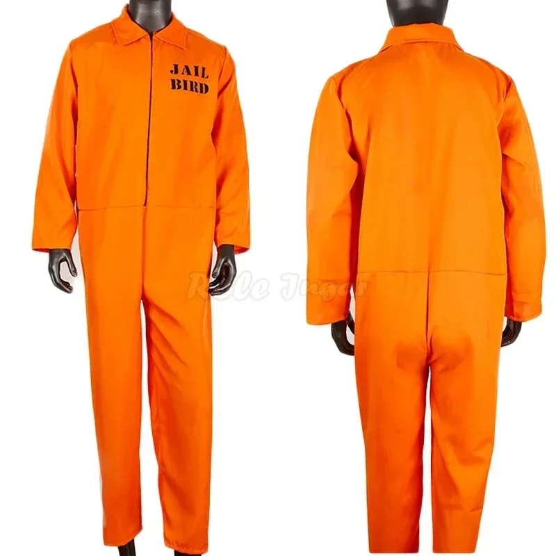 Men Women Orange Prisoner Jumpsuit Cosplay Halloween Carnival Costumes For Adult Criminal Jailbird Inmate Bodysuit