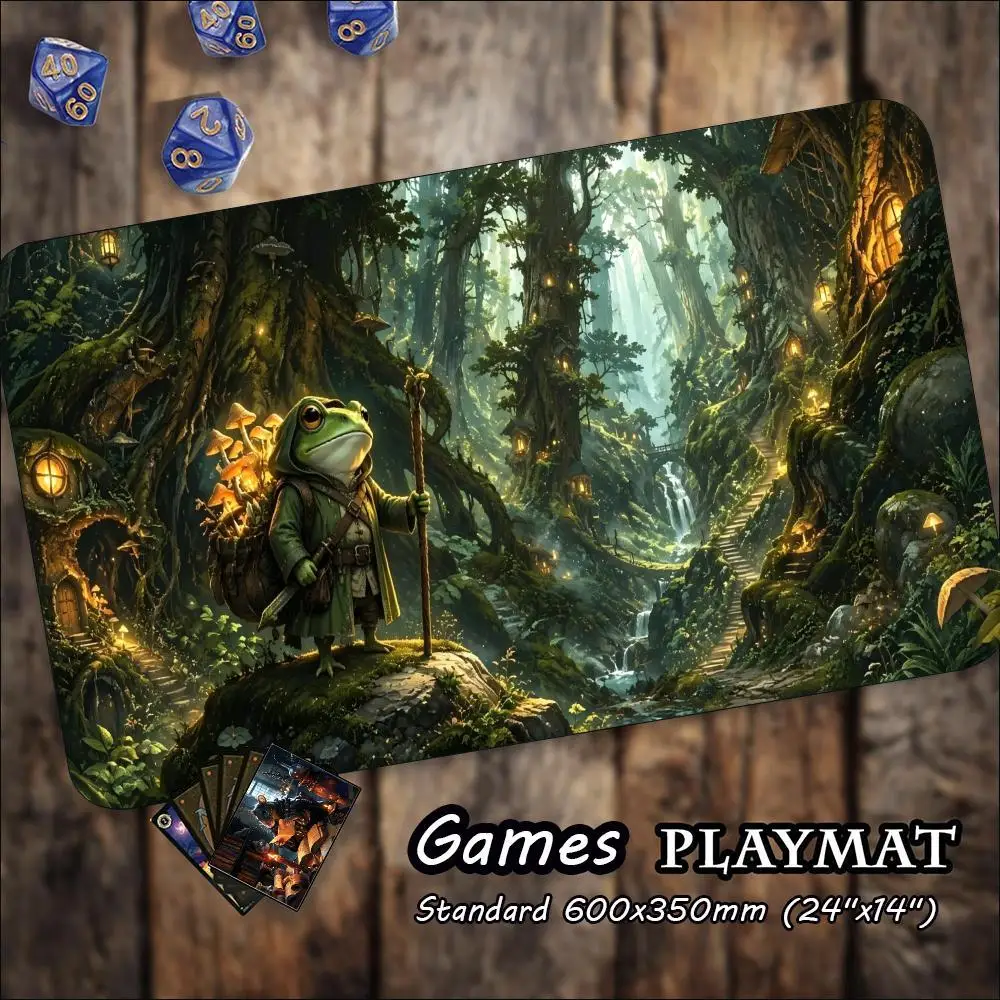 TCG Tabletop Playmat Enchanted Forest Frog Traveler Art Print Large Non Slip Rubber Pad Smooth Cloth For Trading Card Table Play