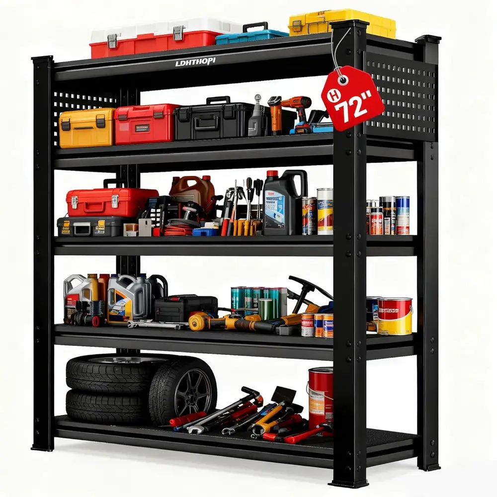 

Стеллаж для хранения 72.2H, 5-ярусный, усиленный, регулируемый, с 2 боковыми перфорированными панелями, грузоподъемность 2268 кг, для гаража, склада или базового помещения