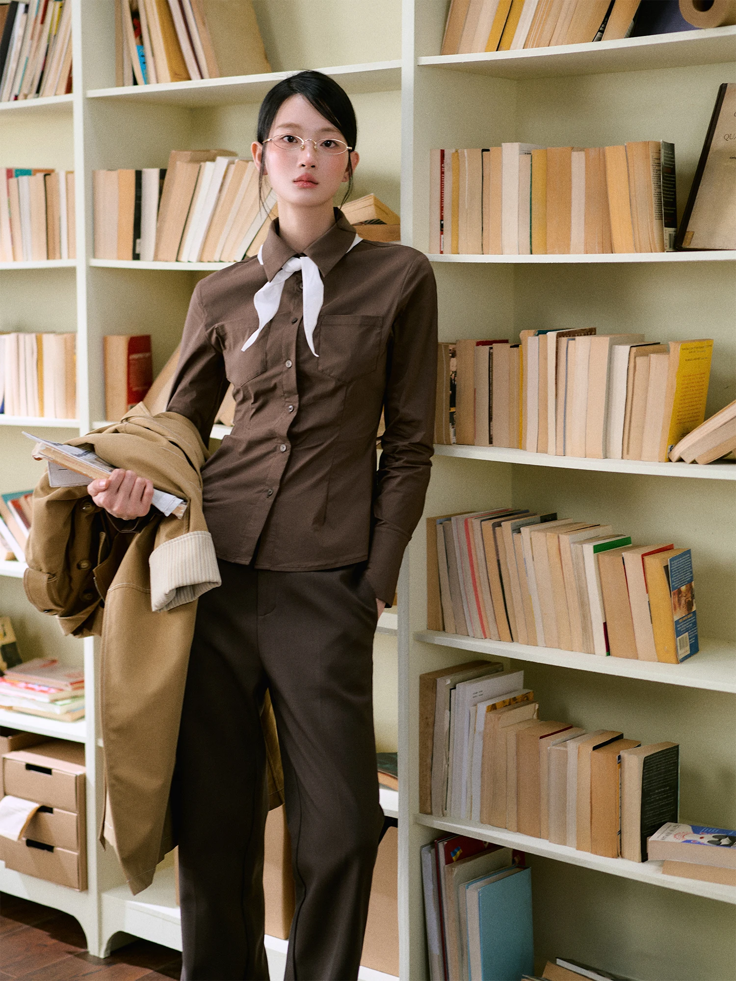 

Ele Slimming irt for Women Casual Winter Faionable Cotton Blend Knot Collar Long Sve Busin Top