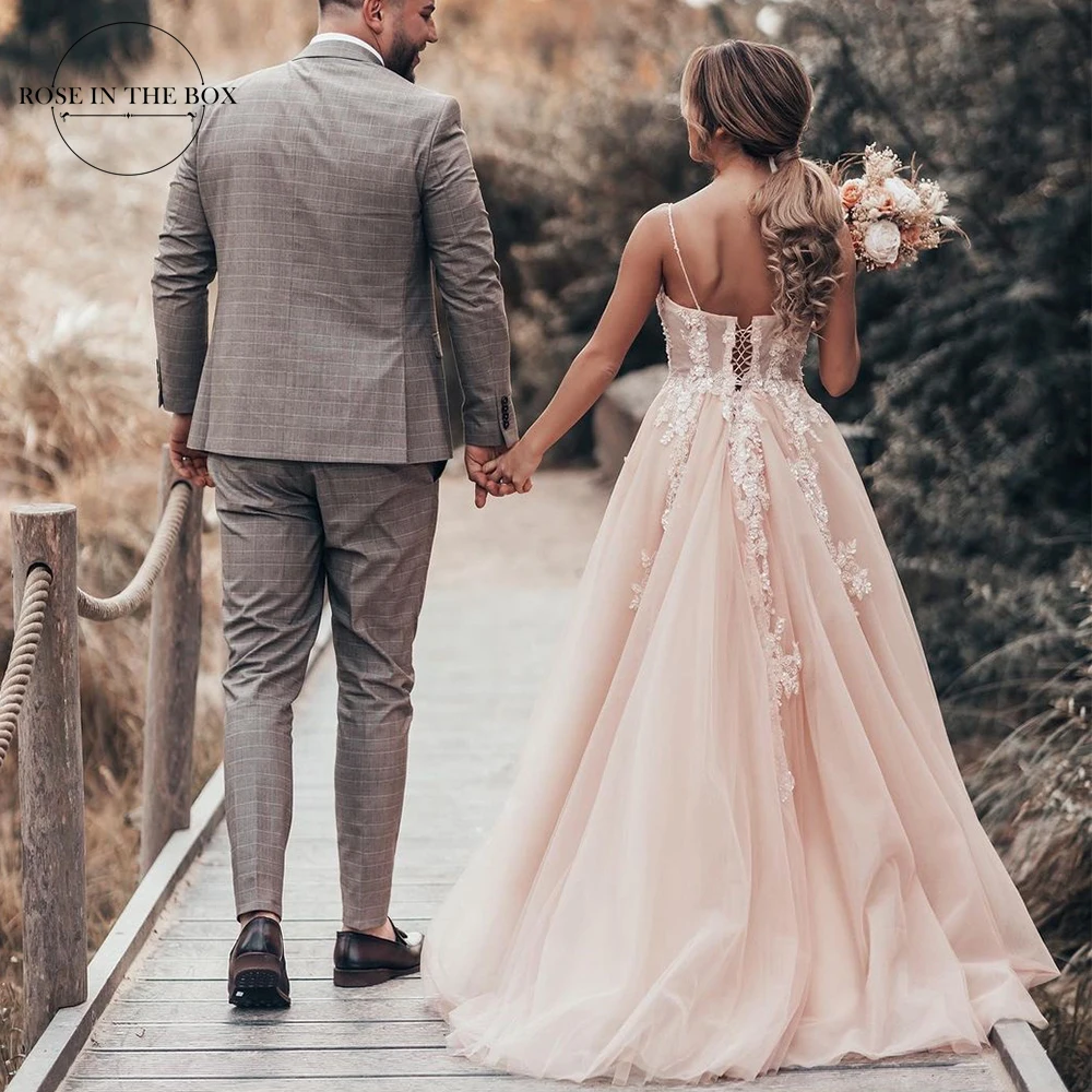 Vestidos De Novia โบฮีเมียนเดรสเดรสสำหรับสตรี Spaghett สายรัดลูกไม้ Applique Tulle ชุดเจ้าสาว Robe De Mariée