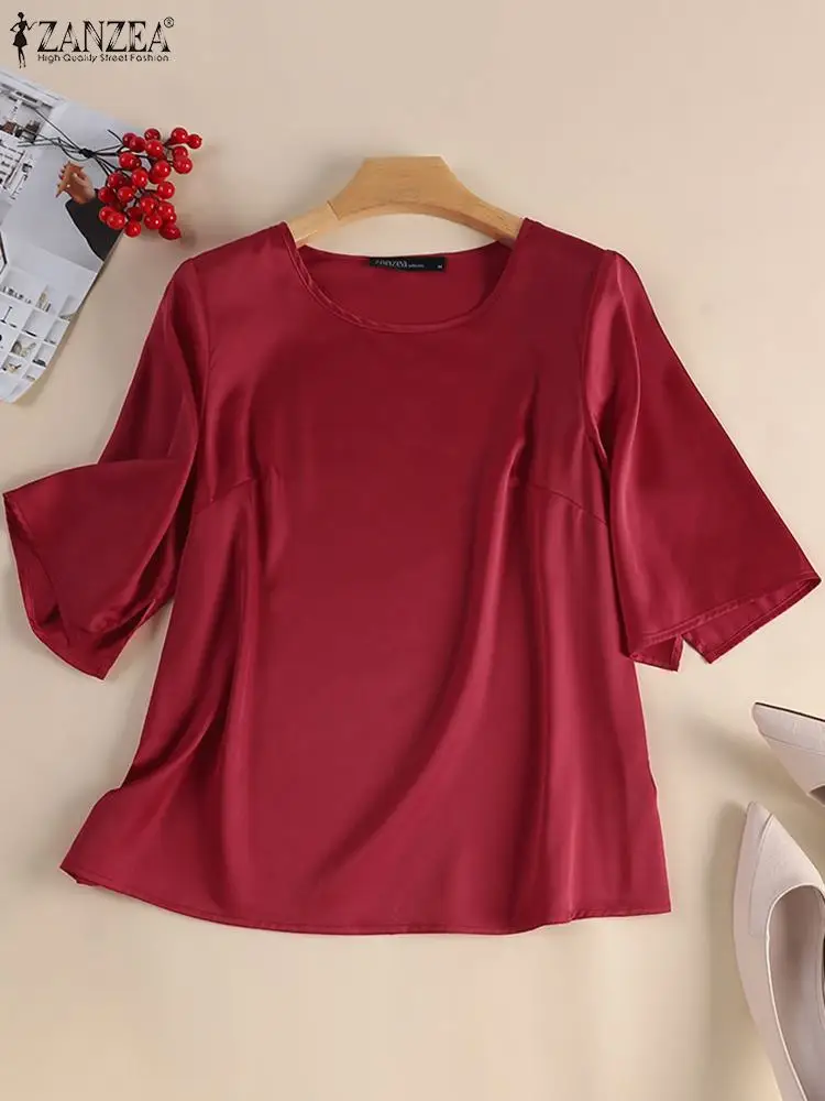 ZANZEA Women Short Sleeve Satin Blouse Fashion Tunic Tops Elegant Lady Office Shirt Casual Party HolidayTunic Party Blusas Mujer