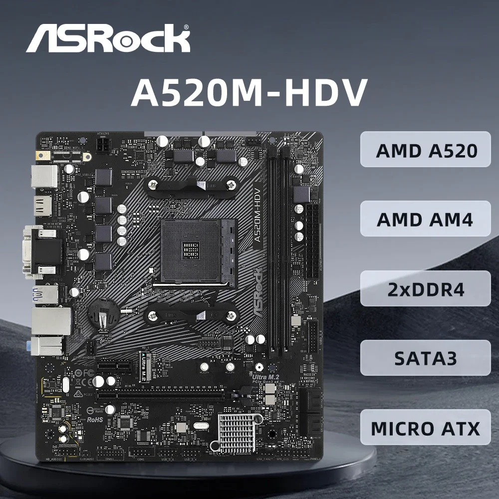 ASRock A520M-HDV Motherboard AMD A520 AMD Supports 5950X 5800X3D 5700X 5600X 5600G CPU 4xDDR4 Micro ATX AM4 Mainboard