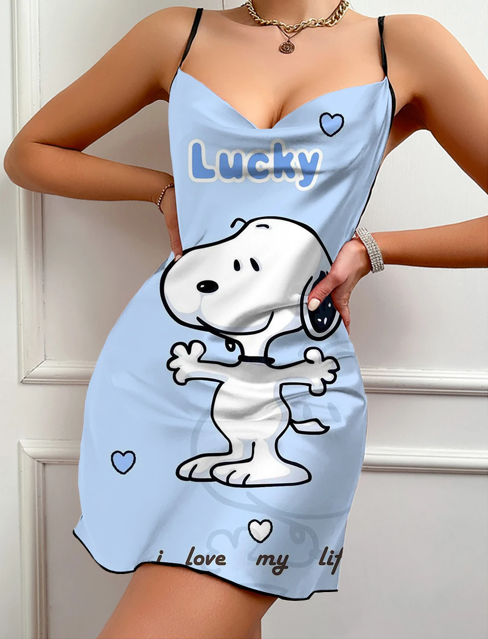 

Suspender V-neck Sexy Butterfly Lace Backless Nightdress Snoopy Cartoon Printed Dress Fashionable Ladies Summer Pajamas