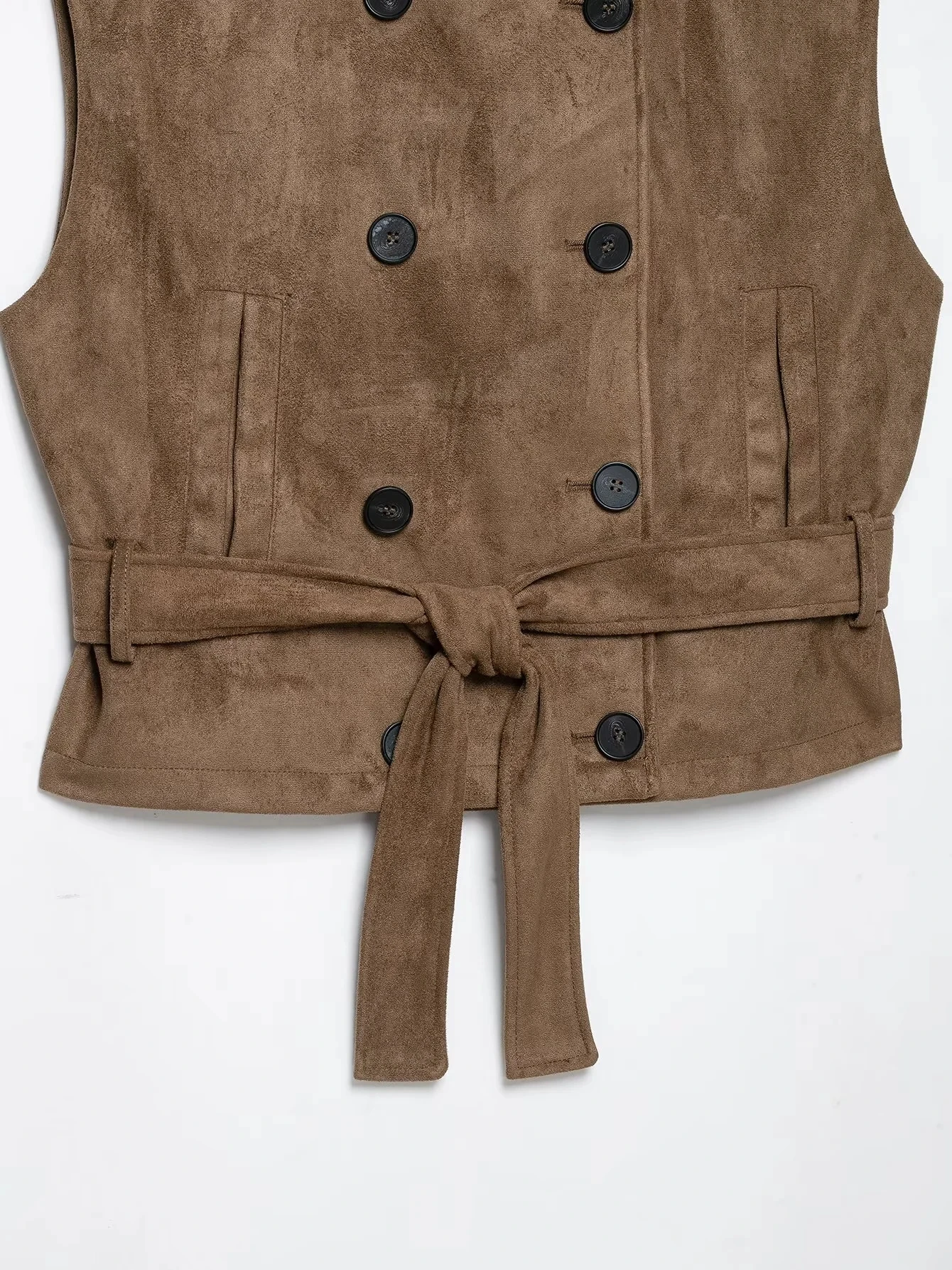 KONDALA Vintage Casual Chic Damen Wildlederweste Khaki Stehkragen Ärmellos Doppelreihig mit Taschen und Gürtel Modische Weste 2026 – Detail 7