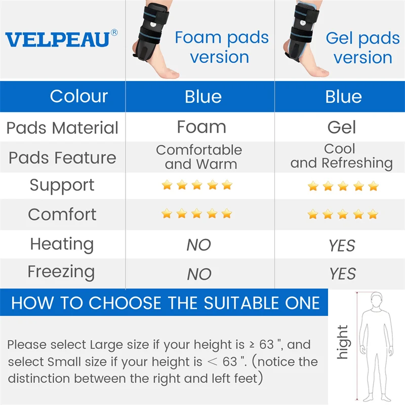 VELPEAU Stirrup Ankle Splint Support Adjustable for Sprained Tendonitis and Surgery Ankle Brace with Heated, Cold Gel Pad