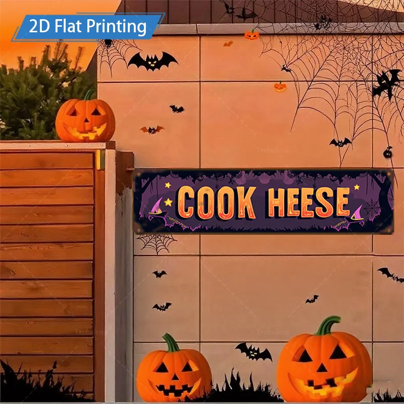 1pc 8x12inch Metal Sign Halloween "COOK HESE" Sign, 2D Flat Printing, Festive Pumpkin & Bat Decor