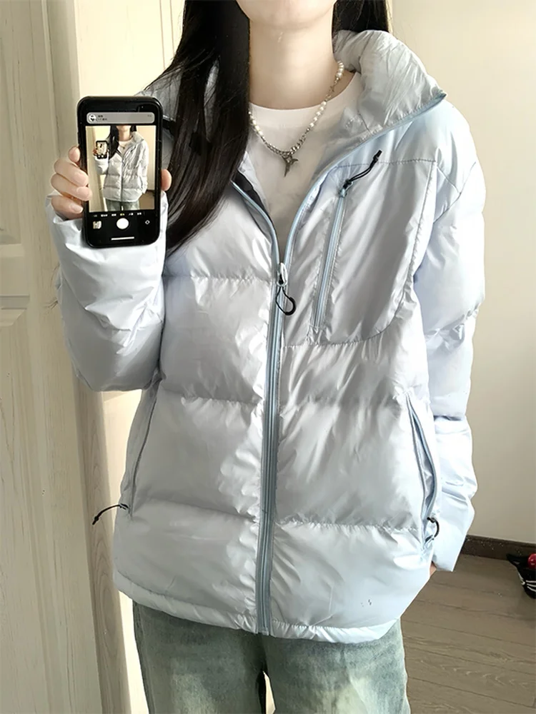 

Korean Sle Outdoor Moonlight Blue Thiened Warm Cotton Jaet Loose Fit Hooded Zipper Closure Winter Coat for Men And Women