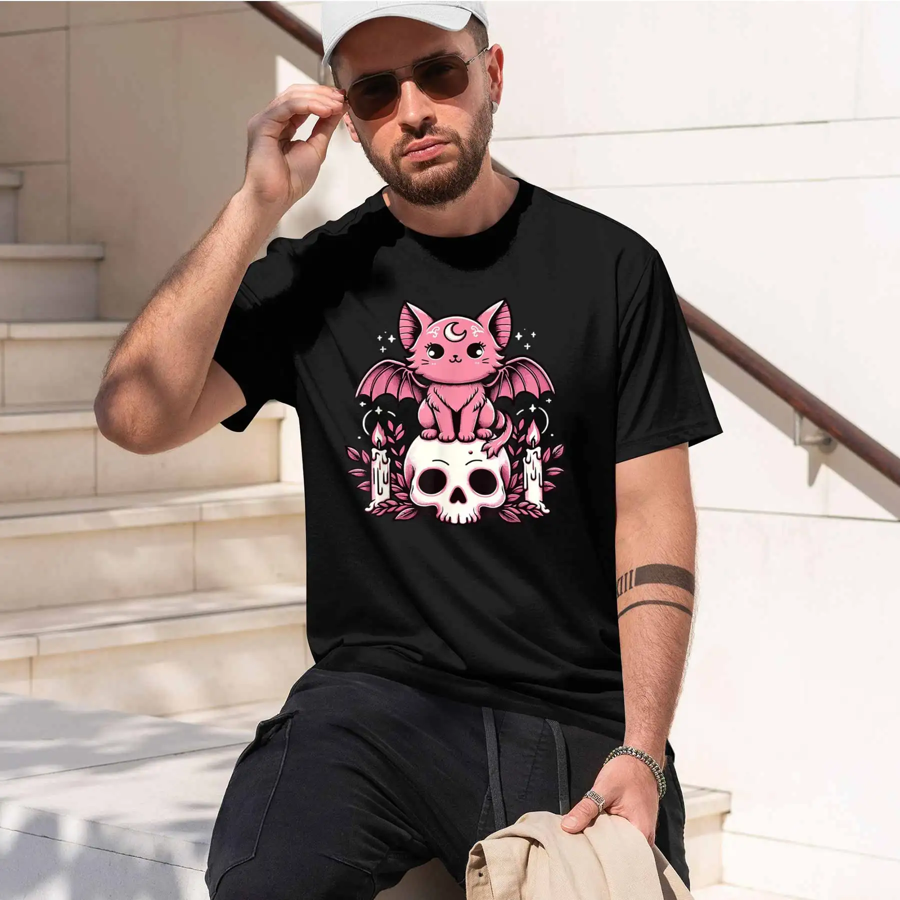 2026 new printed T-shirtGothic Pink Cat Bat Wing Skull Candle Men's T-shirt Dark Cute Trendy Casual Crew Neck Top