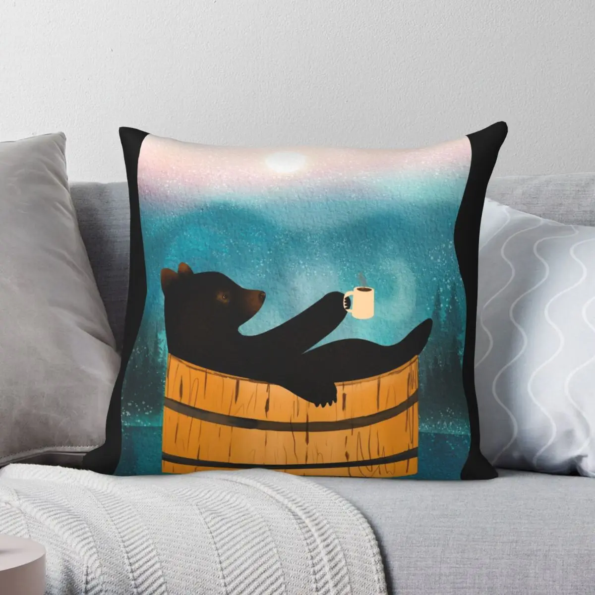 Smoky Mountain Black Bear In Hot Tub Square Pillowcase Polyester Linen Velvet Zip Decor Throw Pillow Case Room Cushion Cover