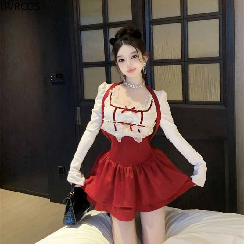 Japanese Kawaii Lolita Style 2 Piece Set Women Sweet Lace Bow Tops Y2K Mini Skirt Suit Winter Female Korean Fashion Chic Outfits