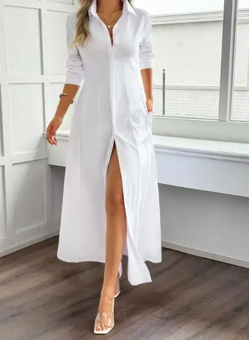 

2025 Women's Dress Casual Vacation Style Solid Color Long Sleeve Summer Long Dress