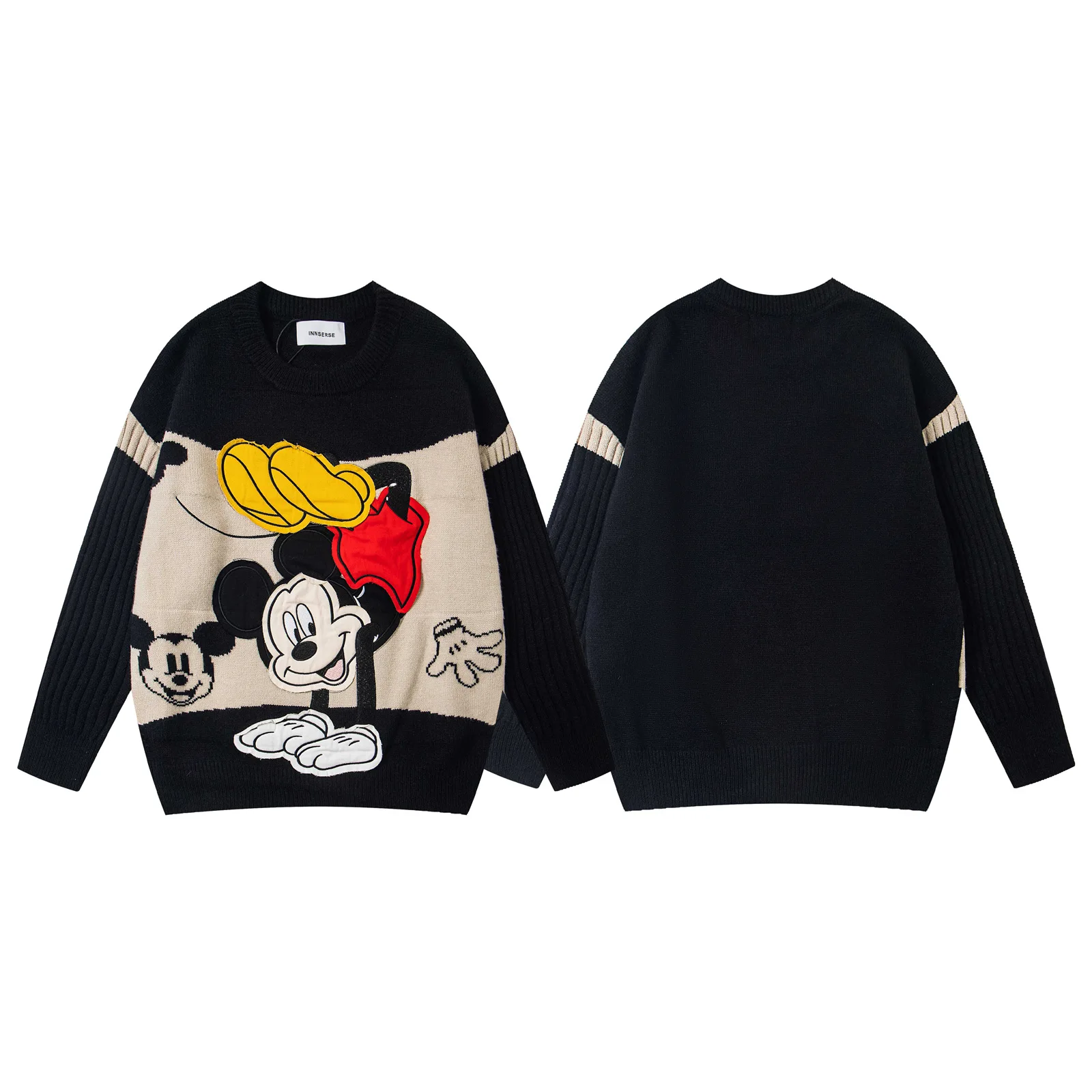 Jersey bordado con parche de dibujos animados, bloque de Color Retro americano, suéter de cuello redondo, Unisex, otoño, nuevo, prendas de punto holgadas versátiles