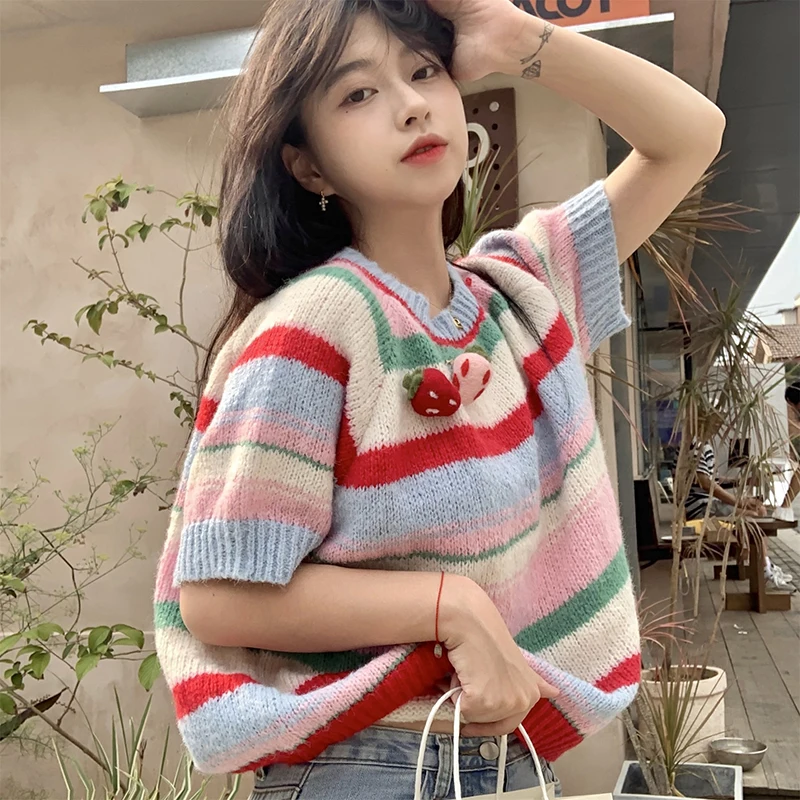 Striped Sweaters Women Cute Korean Style Sweet Three-dimensional Strawberry Half Sleeve All-match Casual Knitting Autumn College