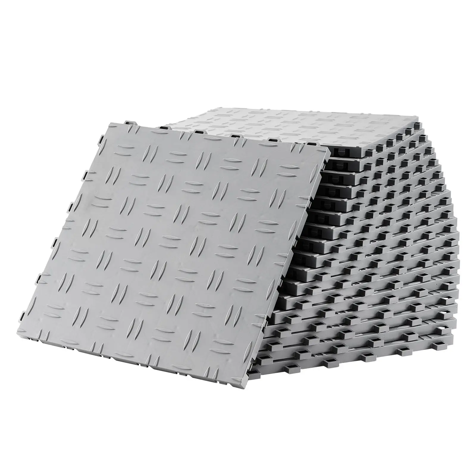 Garage Tiles Interlocking, 12 x 12 x 0.53 inch 50 Pack Garage Floor Covering Tiles, Non-Slip Double-Sided Texture Garage Flooring Tiles, for Garages, Basements, Repair Shops, Silver