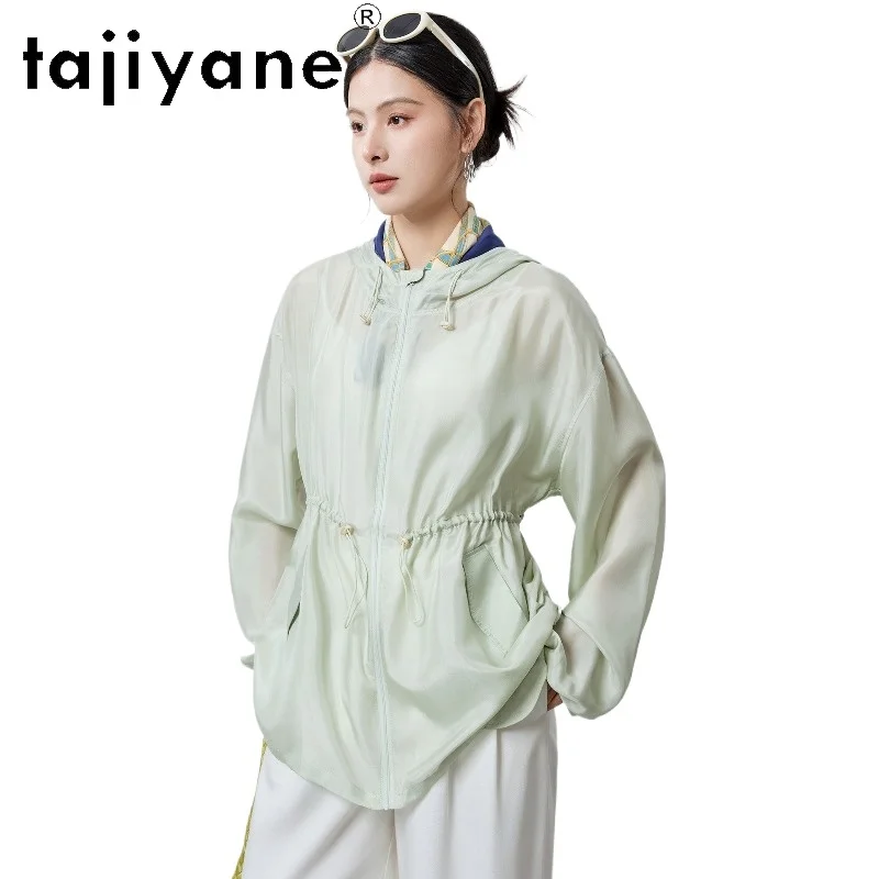 

TAJIYANE 100% Real Mulberry Silk Coats Women Hooded Sun Protection Blouse Casual Loose Summer Shirts Woman Clothes 2026 рубашка