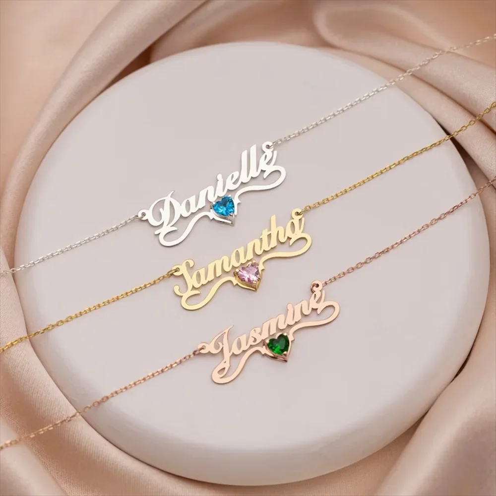 

Personalized Name Necklace with Birthstone 18K Gold Custom Name Necklace with Heart Birthstone Name Pendant Necklace for Women