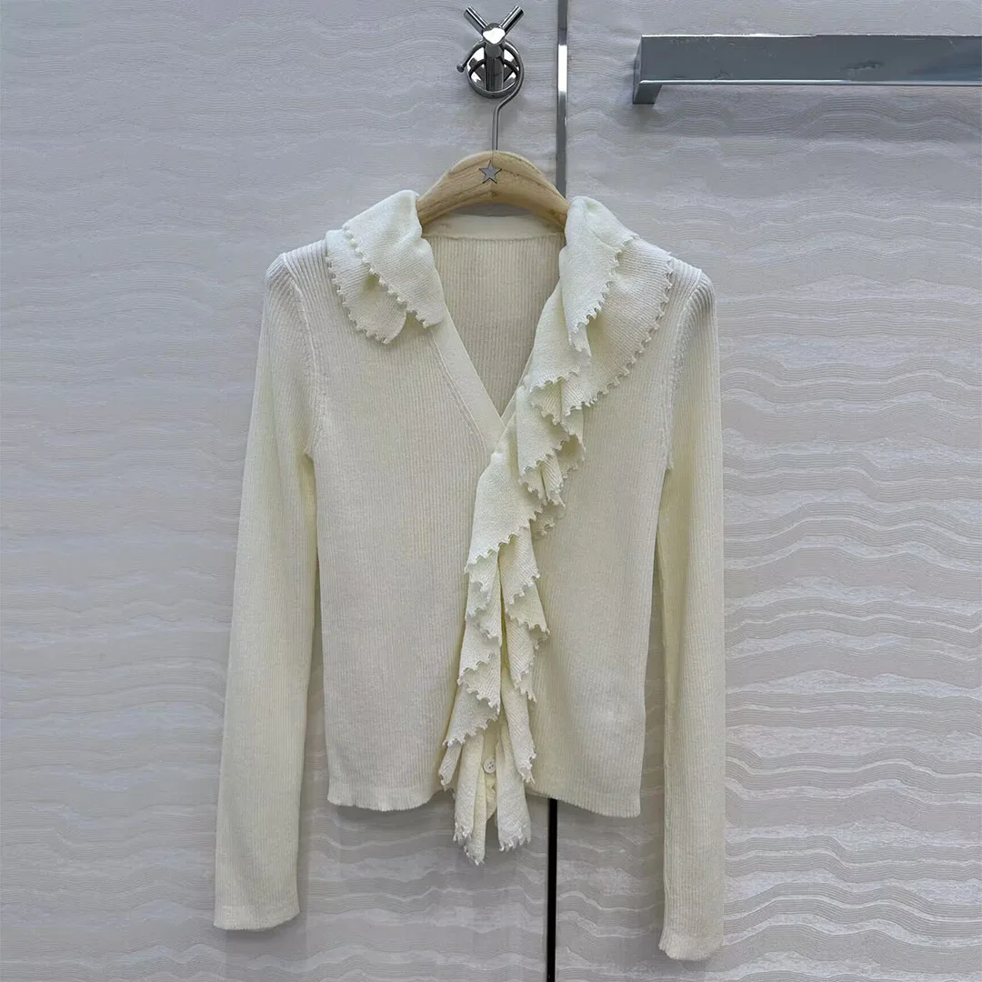 

2025 New Autumn Fashion Ruffles Decoration Slim Knitted Cardigans Women V-neck Long Sleeve Elegant Slim Sweet Thin Sweater